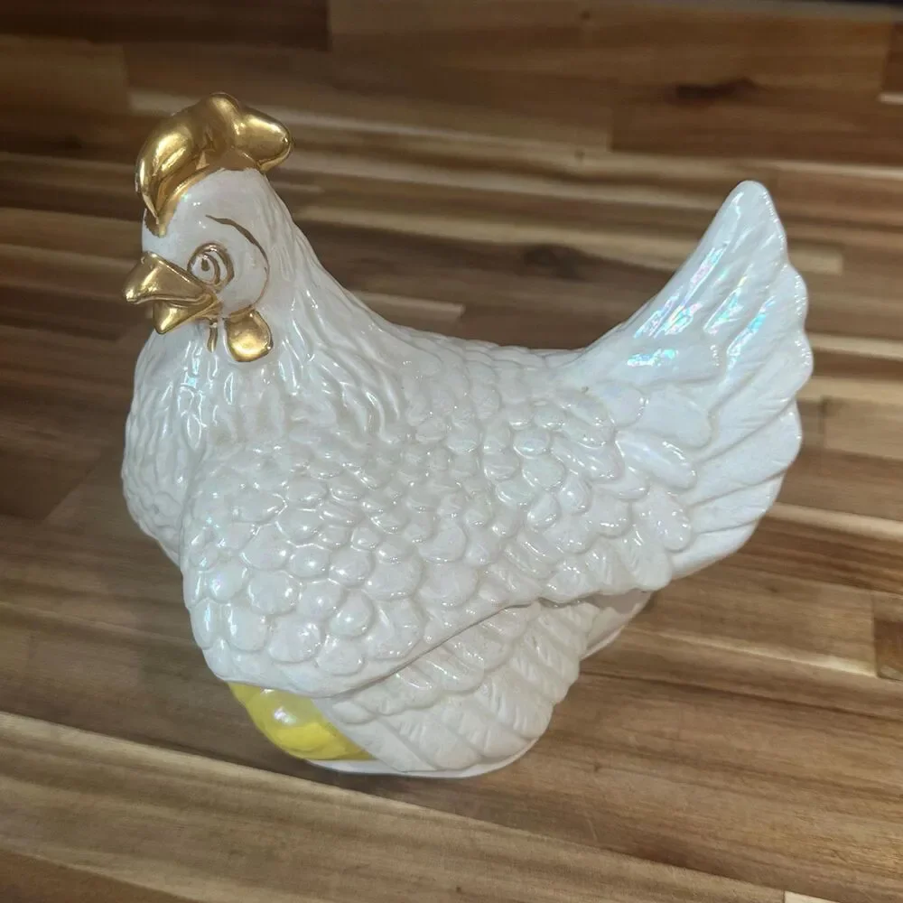 Vintage Iridescent White Hen Chicks 2 Piece Candy/Trinket Dish 6 3/8 x 7 1/4